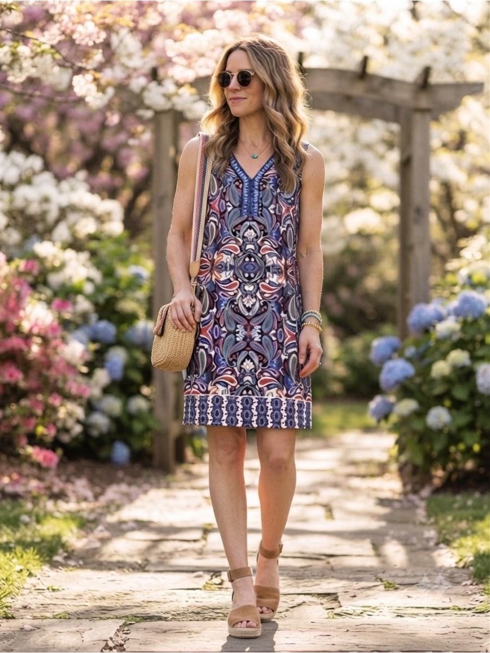 Maggy London Multicolor V-Neck Midi Dress in Blue, Pink, Orange, Black & White